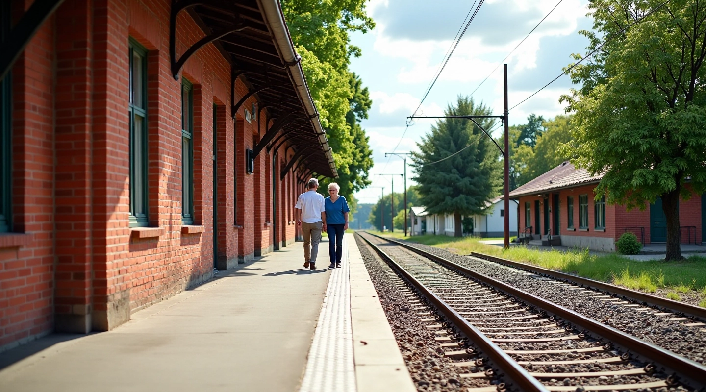 Vecā dzelzceļa stacija Latvijā ar sarkanu ķieģeļu ēku un balta platformu
