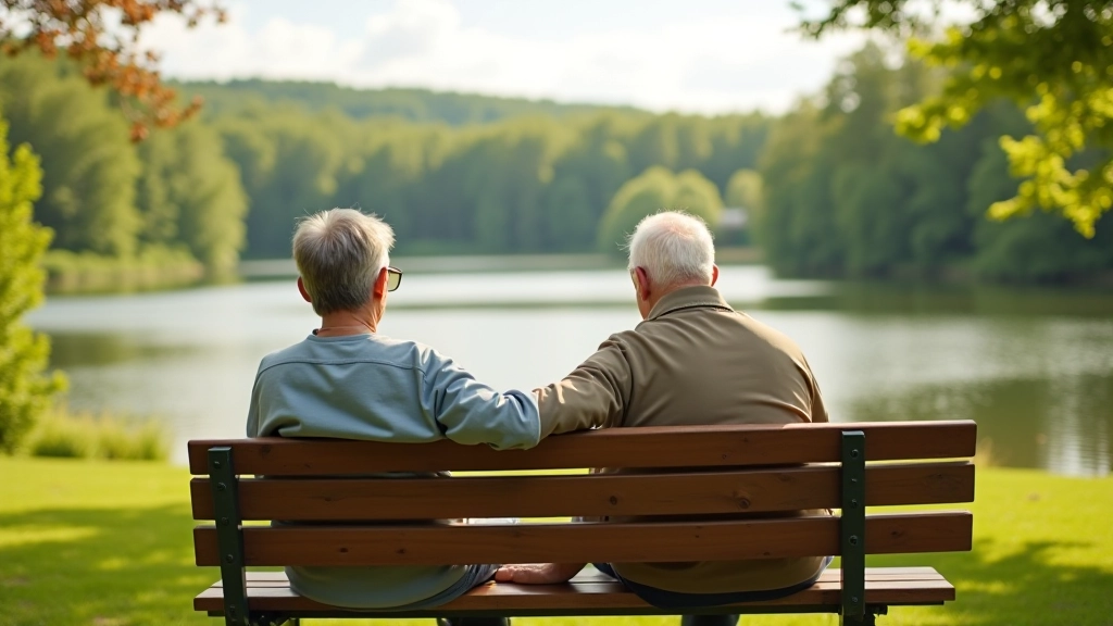 Senioru grupa sēž uz soliņa meža tuvumā ar skaistiem skatiņiem uz ezeru un kalniem