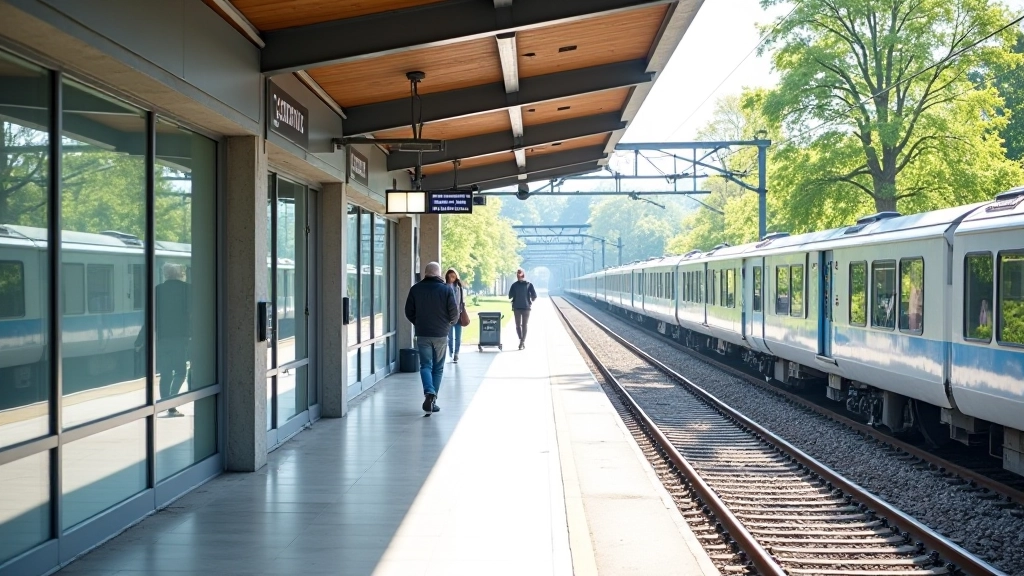 Moderna dzelzceļa stacija Latvijā, skaidri redzamas platformas un signāli, dienas gaisma