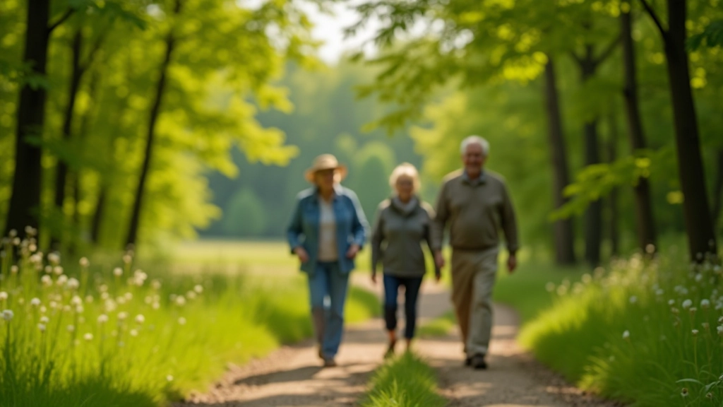 Seniori pastaigājas pa skaistām dabas takām, saulainā laikā