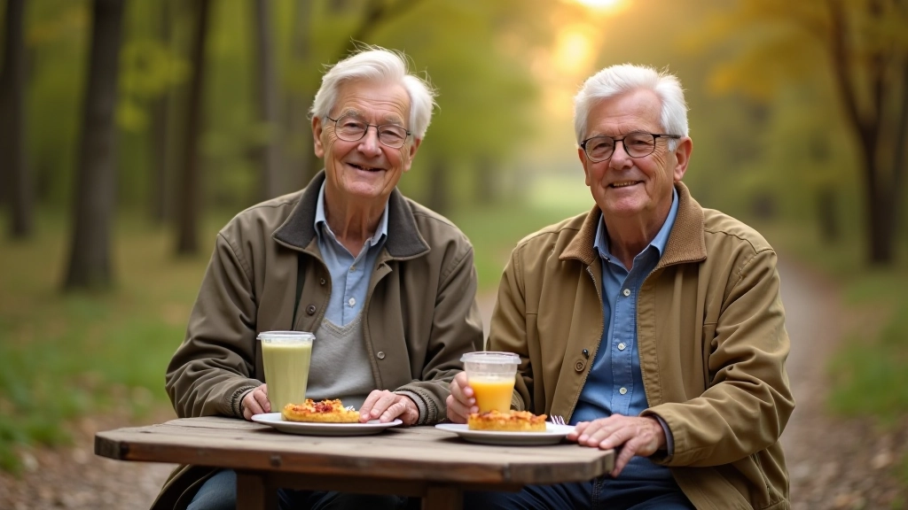 Seniori ēd pusdienas uz outdoor solītes blakus meža takai